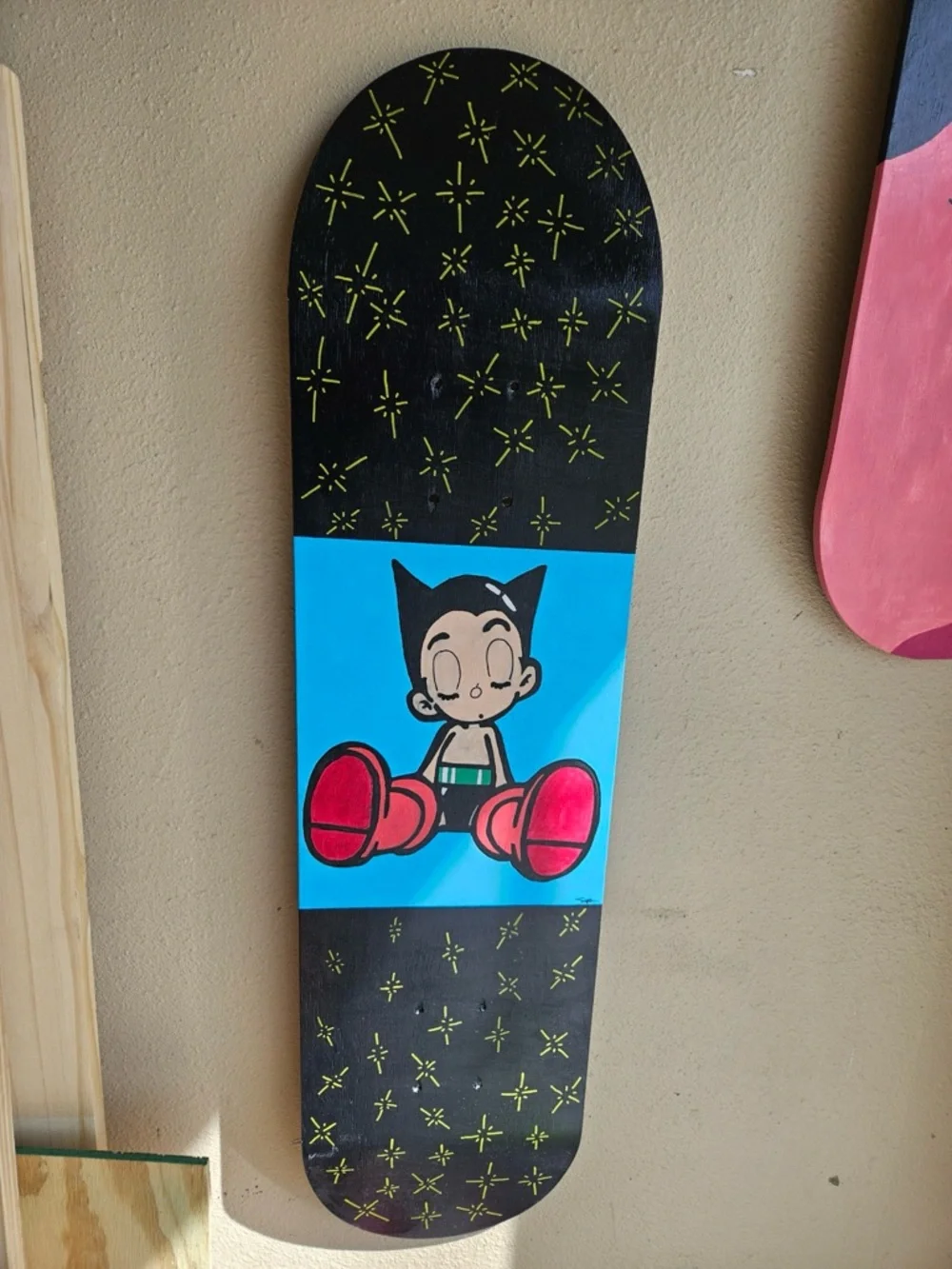 Custom Hand-Painted Astro Boy Cartoon Skateboard Deck Black, Blue, Red Wall Art